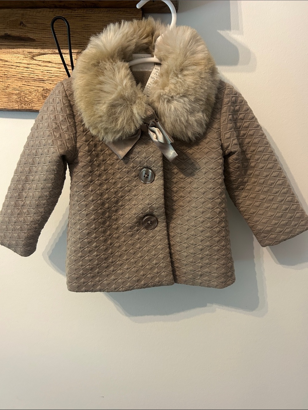 Koala Kids Quilted Pea Coat with Faux Fur Collar - Taupe